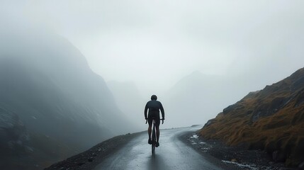 Cyclist pushing uphill through mistcovered terrain, muscles straining yet resolute, patience, perseverance, determination