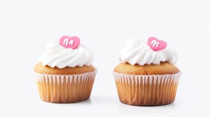Two Delicious Vanilla Cupcakes Topped with Whipped Cream and Pink Heart Decorations