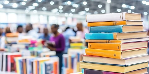 A stack of colorful books at a bustling book fair with people browsing in the background, symbolizing education, reading, and community events.