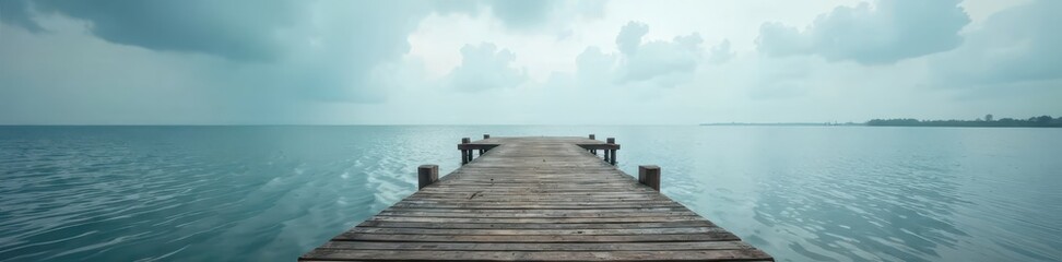Fototapeta premium Empty wooden pier extends over calm sea, cloudy sky , beach, serene, sky