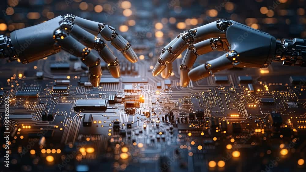 Poster futuristic robotic hands interacting with glowing circuit board showcase of advanced technology, inn