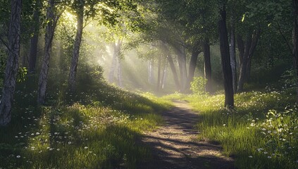 Naklejka premium Sunlit Path Through Enchanting Forest