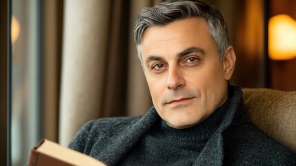 Fototapeta premium A handsome middle-aged man with gray hair holding a book, sitting near a window in a cozy setting. Concept: intellectual lifestyle.