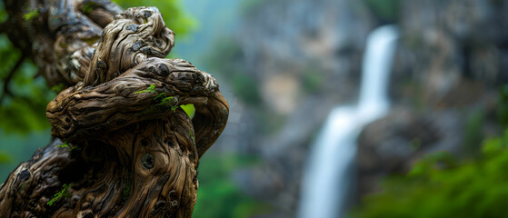 Fototapeta premium Serene Cascading Waterfall Framed by a Unique Gnarled Tree Root in Lush Green Nature