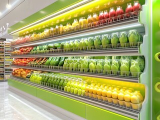 Fototapeta premium Fresh and Colorful Display of Fruits and Vegetables in a Modern Grocery Store Aisle Showcasing a Vibrant Array of Healthy Produce and Juices
