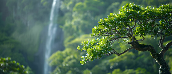Serene Waterfall Surrounded by Lush Green Foliage and Vibrant Flora in Tropical Landscape Setting