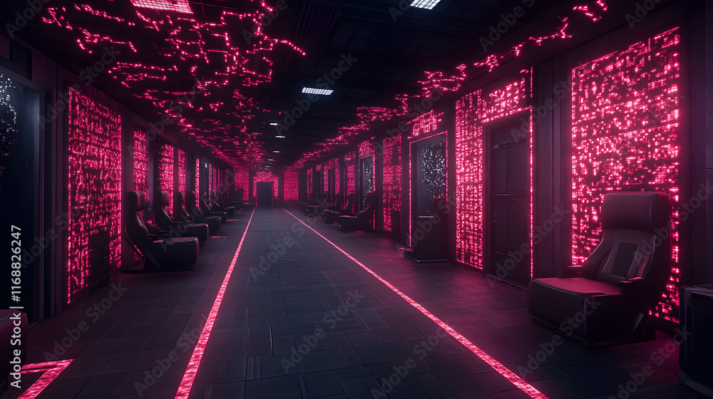 Poster futuristic corridor illuminated with pink lights and digital elements