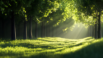 Obraz premium A Minimalist Forest Landscape Featuring Evenly Spaced Trees and Soft Light Against a Clean Horizon