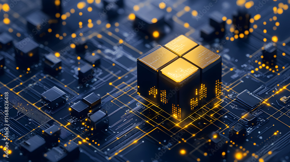 Poster Abstract digital representation of a glowing cube on a circuit board with luminous connections