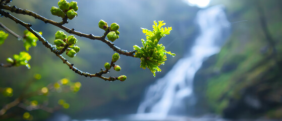 Fototapeta premium Fresh Green Buds on Branch with Waterfall in Background, Nature Awakening in Springtime, Forest Serenity and Water Flow