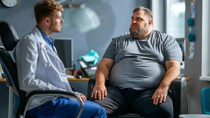 A therapist engages with a patient focused on overcoming obesity in a contemporary office. The discussion aims to explore emotional and psychological aspects of weight management.