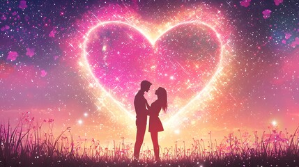 Obraz premium Romantic Couple Silhouette Heart Galaxy Love Stars Night Sky Field Flowers Dreamy Peaceful Fantasy