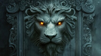 Glowing Eyed Stone Lion Gate Detail