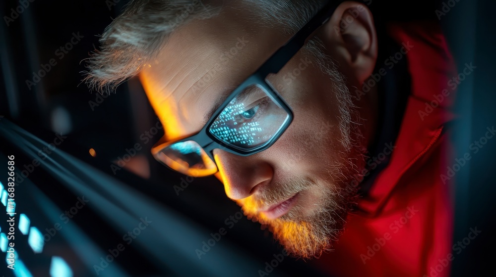 Aufkleber concentrated programmer working late cybersecurity specialist coding at night