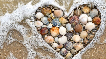 Obraz premium Seashells Heart Shaped Romantic Beach Wave Foam
