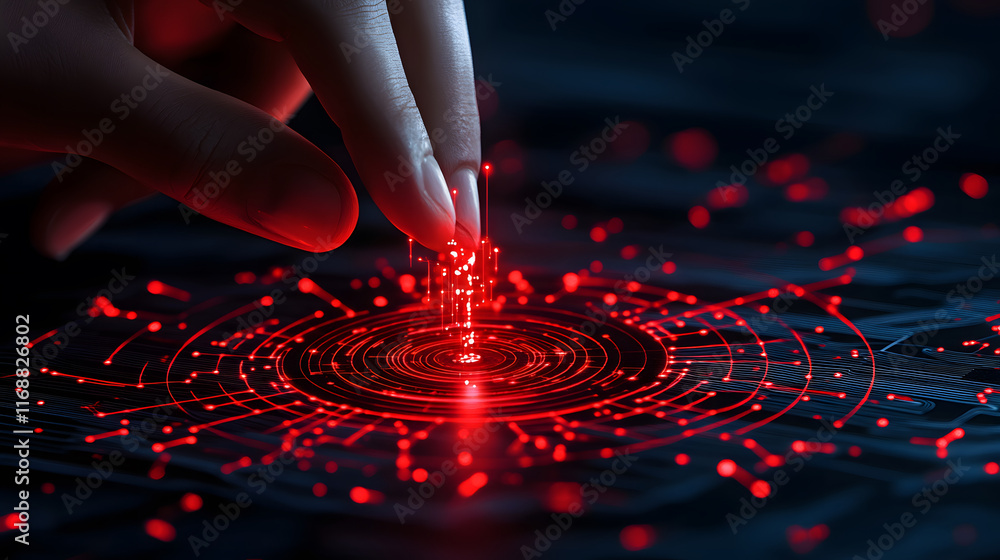 Poster A hand interacts with a glowing red digital interface, creating vibrant light patterns
