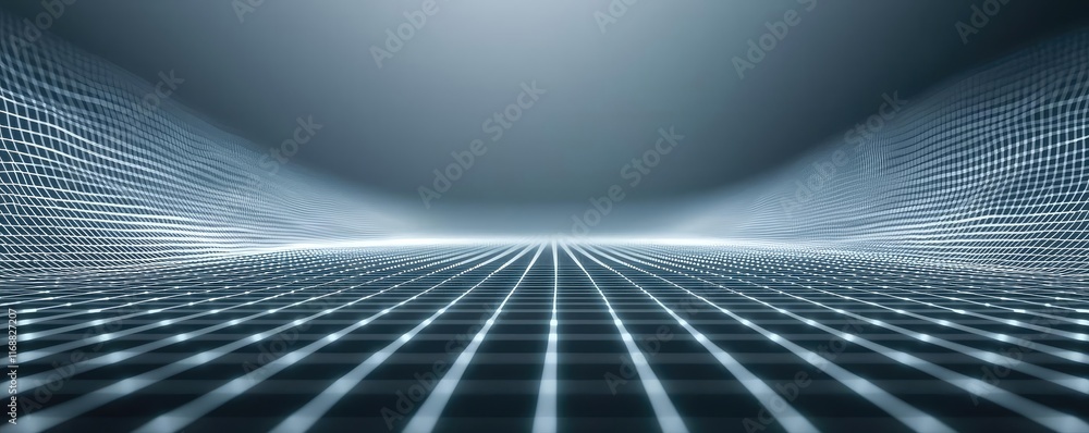 Poster grid abstract background concept. futuristic digital grid landscape with glowing lines and empty hor