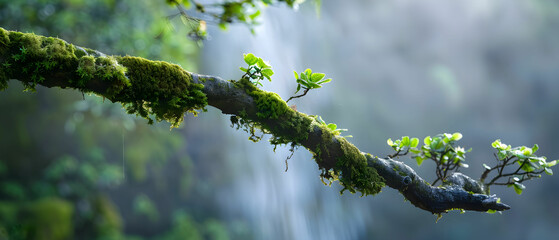 Lush Green Branch with Moss and Leaves Overhangs Serene Waterfall in Misty Forest Environment