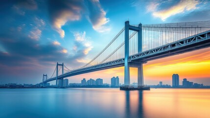 Sunset Over Majestic Bridge Reflecting in Still Waters of Cityscape