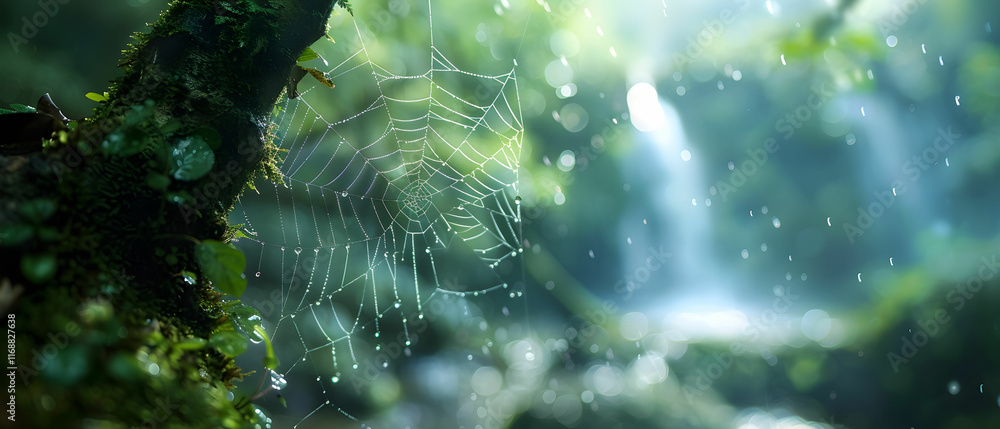 Poster delicate spider web captured in lush forest with soft waterfall in the background on a rainy day