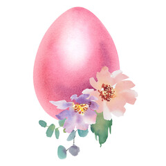 The Easter egg is pink with flowers and leaves. Easter composition with pastel-colored eggs. Isolated hand-painted watercolor illustration. A template for holiday cards, covers, posters
