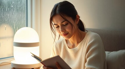 Woman enjoying light therapy by a window with a modern lamp