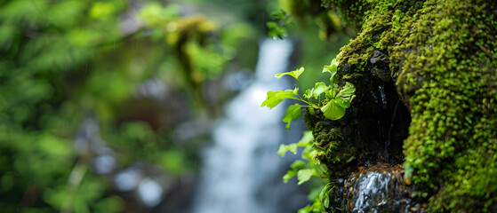Fototapeta premium Lush Green Ferns Growing on a Wet Mossy Tree Trunk Beside a Gentle Waterfall in a Serene Forest Environment
