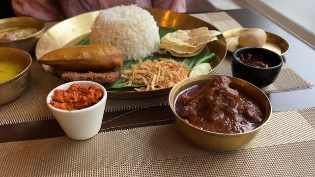 Profile view of Bengali mutton thali served to customer in restaurant. Authentic Bengali cuisine.