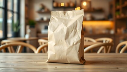 Paper bag, takeout container, wooden table, blurred cafe background, warm lighting, bokeh effect, rustic ambiance, minimalist composition, food photography