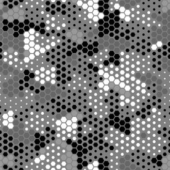 Monochrome abstract seamless military texture dark gray hex grid.