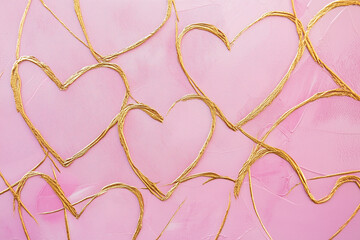 An abstract design with thin golden lines forming interconnected hearts on a pastel pink canvas