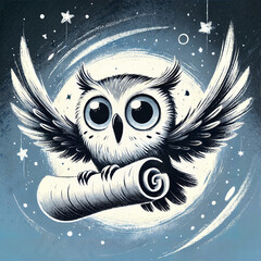 Whimsical cartoon owl flying with a scroll under a starry night sky