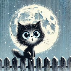 Adorable cartoon kitten sitting on a fence under a full moon