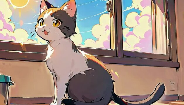 따사로운 햇살이 내리치는 창가에 있는 귀여운 고양이