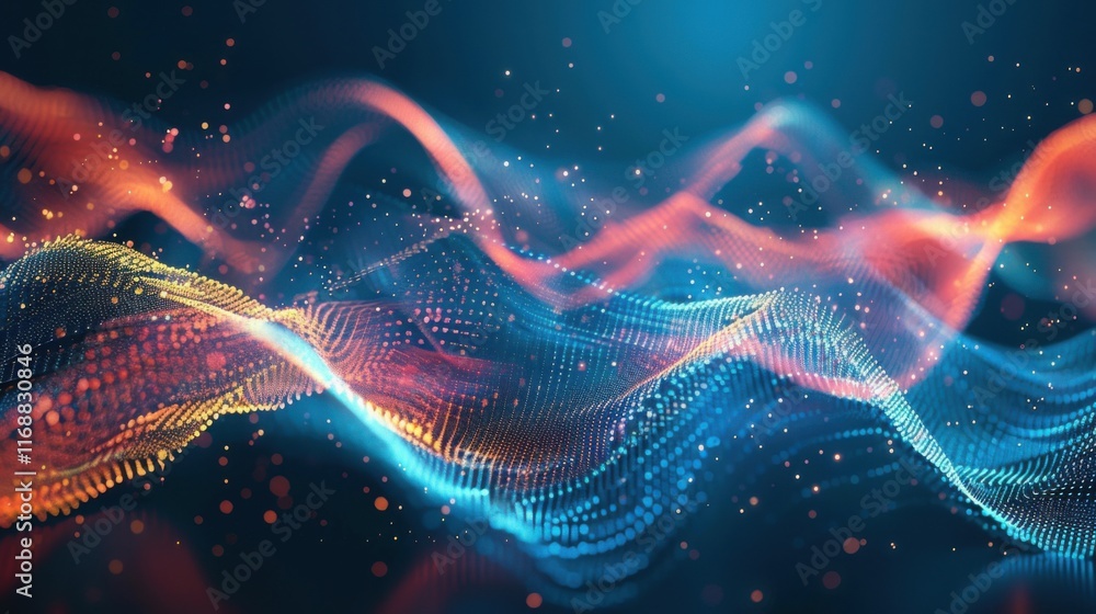 Poster digital wave with many dots and particles. abstract dynamic wave background. technology or science b