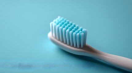 A modern white electric toothbrush on a light blue background features ultra-detailed bristles in a minimalist dental care product photography style.