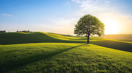 A Delicate Minimalist Meadow Scene Featuring a Solitary Tree Surrounded by Rolling Hills Under a Bright Clear Sky