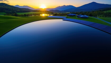 Fototapeta premium Breathtaking sunset over lush hills with a serene lake reflecting the vibrant sky.