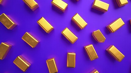 Glimmering Gold Bars Arranged on Vibrant Purple Background