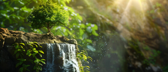 Tranquil waterfall scene with a small tree on a rocky outcrop surrounded by lush greenery and sunlight illuminating the nature landscape
