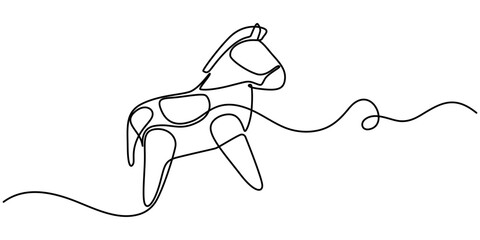One continuous line drawing of retro old vintage wooden horse toy. Classic toy kids with wood wheel concept single line draw design vector graphic illustration, Children s toy rocking horse one line.