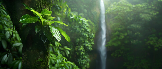 Lush Green Rainforest with Waterfall Surrounded by Vibrant Foliage in a Misty Atmosphere
