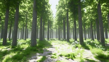 Fototapeta premium Serene sunlit path through lush green forest; tall trees create a tranquil atmosphere. Ideal for nature, tranquility, peace, and environmental themes.