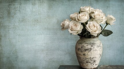 Elegant White Roses in Vintage Vase on Rustic Background