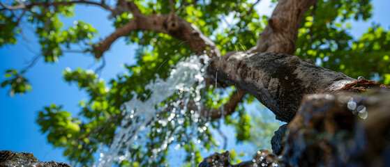 Serene Waterfall Flowing from a Tree with Lush Green Leaves Under Bright Blue Sky