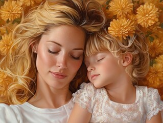 A peaceful family portrait where a mothers care and connection are the central focus is captured beautifully in this tender scene of a mother and child The golden tones and floral setting enhance the