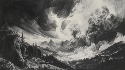 A charcoal rendering of a dramatic storm over a mountain range