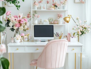 Elegant Pink Floral Home Office Workspace Setup