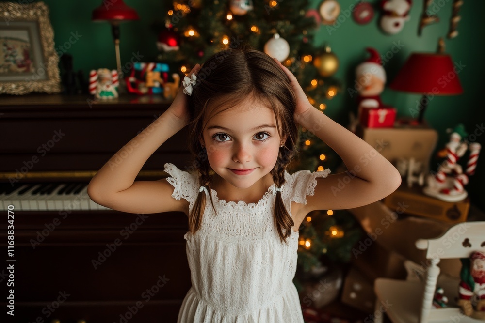 Canvas Prints A beautiful girl in the foreground of a cozy Christmas setting.