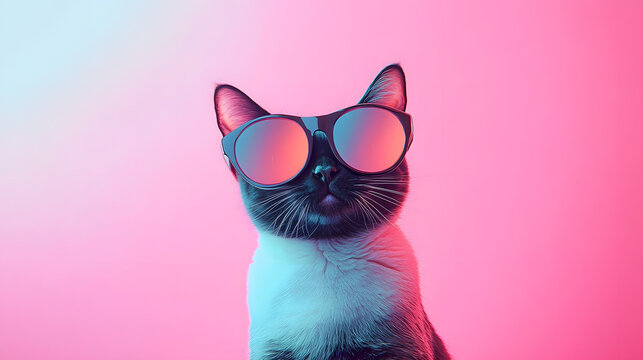 Creative animal concept. cat Ankara kedisi in sunglass shade glasses isolated on solid pastel background, commercial, editorial advertisement, surreal surrealism